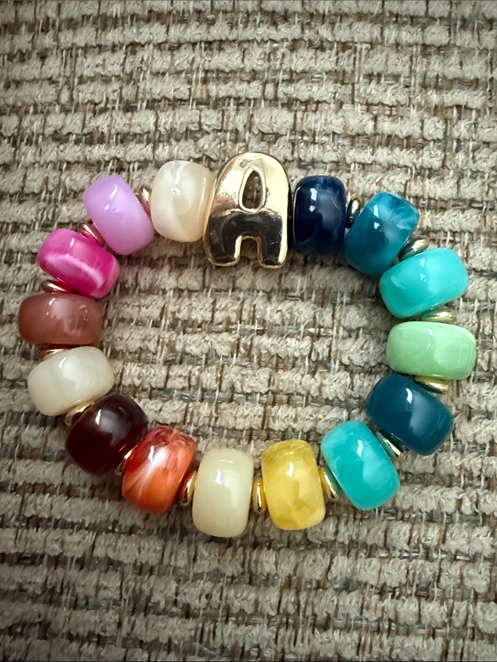 Multicolor chunky stretch Bead Bracelet with Gold 'A' Accent